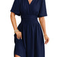 V-neck Fitted Waist Flare-sleeve Fashion Dress Women