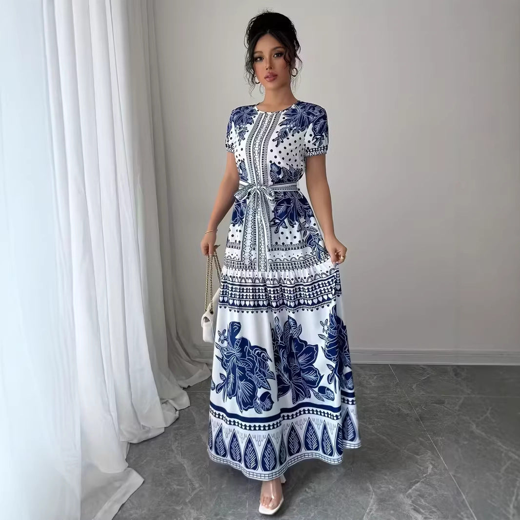 Womens Printed Elegant Simple Lace-up Round-neck Dress