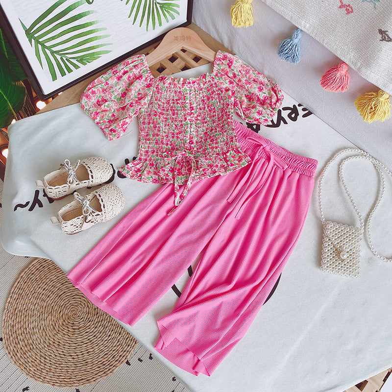 Chiffon Floral Top And Wide Leg Pants Two-piece Suit