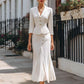 Three-quarter-sleeve Blazer And Long Skirt Set With Buttons And A Slit Mid-length Skirt