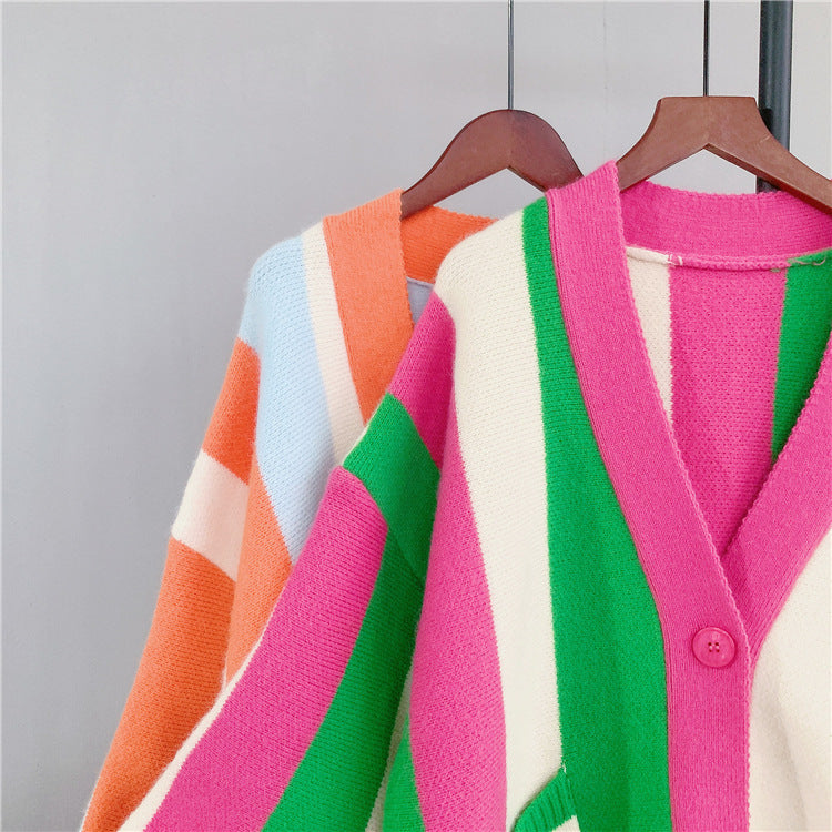 Striped Colorblock Knitted Cardigan Women's New Loose Sweater Coat