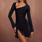 Slit Pleated Diagonal Collar Long Sleeve Dress