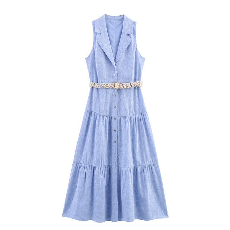 Summer With Belt Linen Blend Midi Skirt Sleeveless Dress