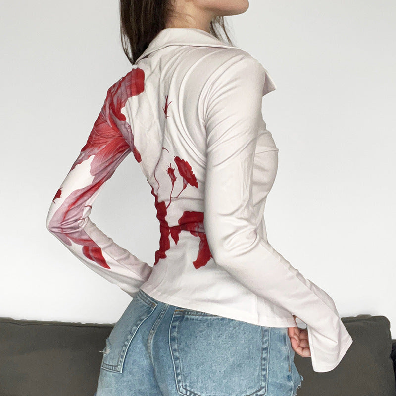 Women's Breasted Lapel Irregular Printed Shirt