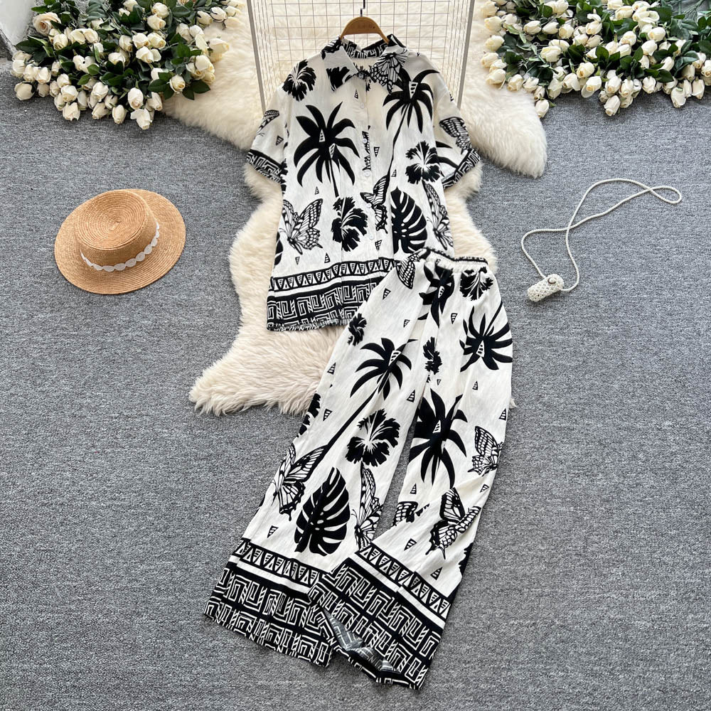 Bohemian-style Printed Short-sleeve Polo-collar Shirt And Wide-leg Pants Set