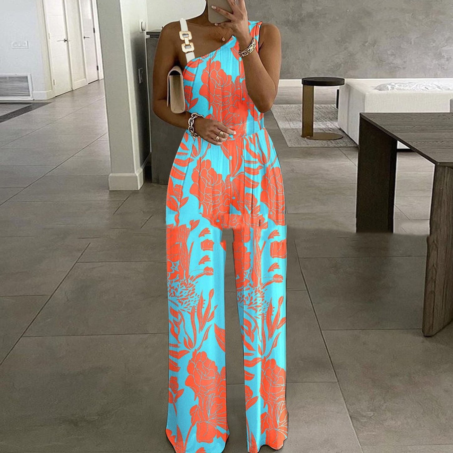 Women's Metal Buckle Vest Top High Waist Wide Leg Jumpsuit