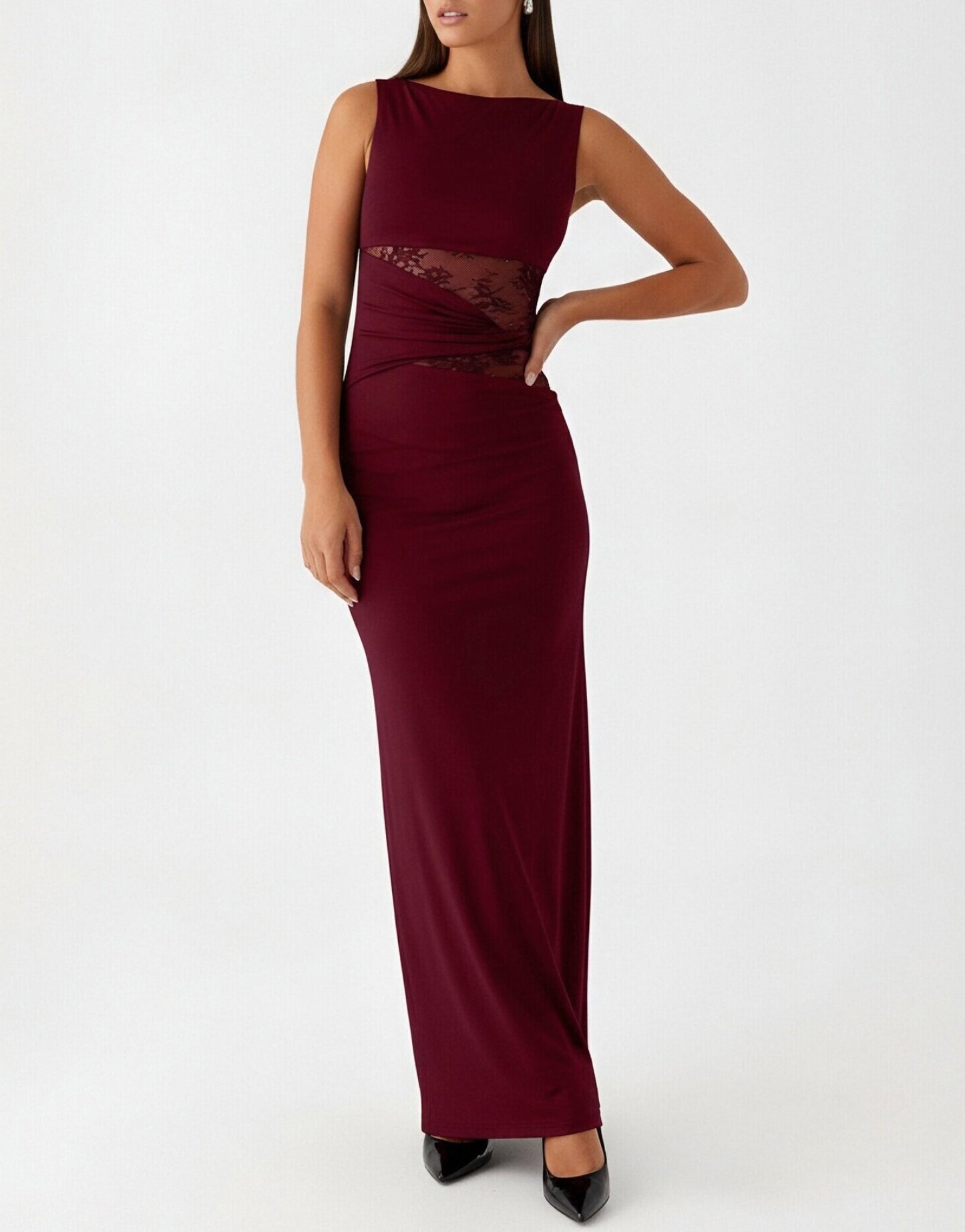 Womens Slim-Fit Lace-Patch Draping Dress