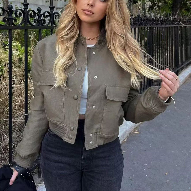 Veste courte décontractée à simple boutonnage et col montant avec poches, vêtement d'extérieur à manches longues et tendance pour femme