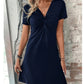 Color Cotton Short Sleeve V-neck Design Chest Twist Waist Dress