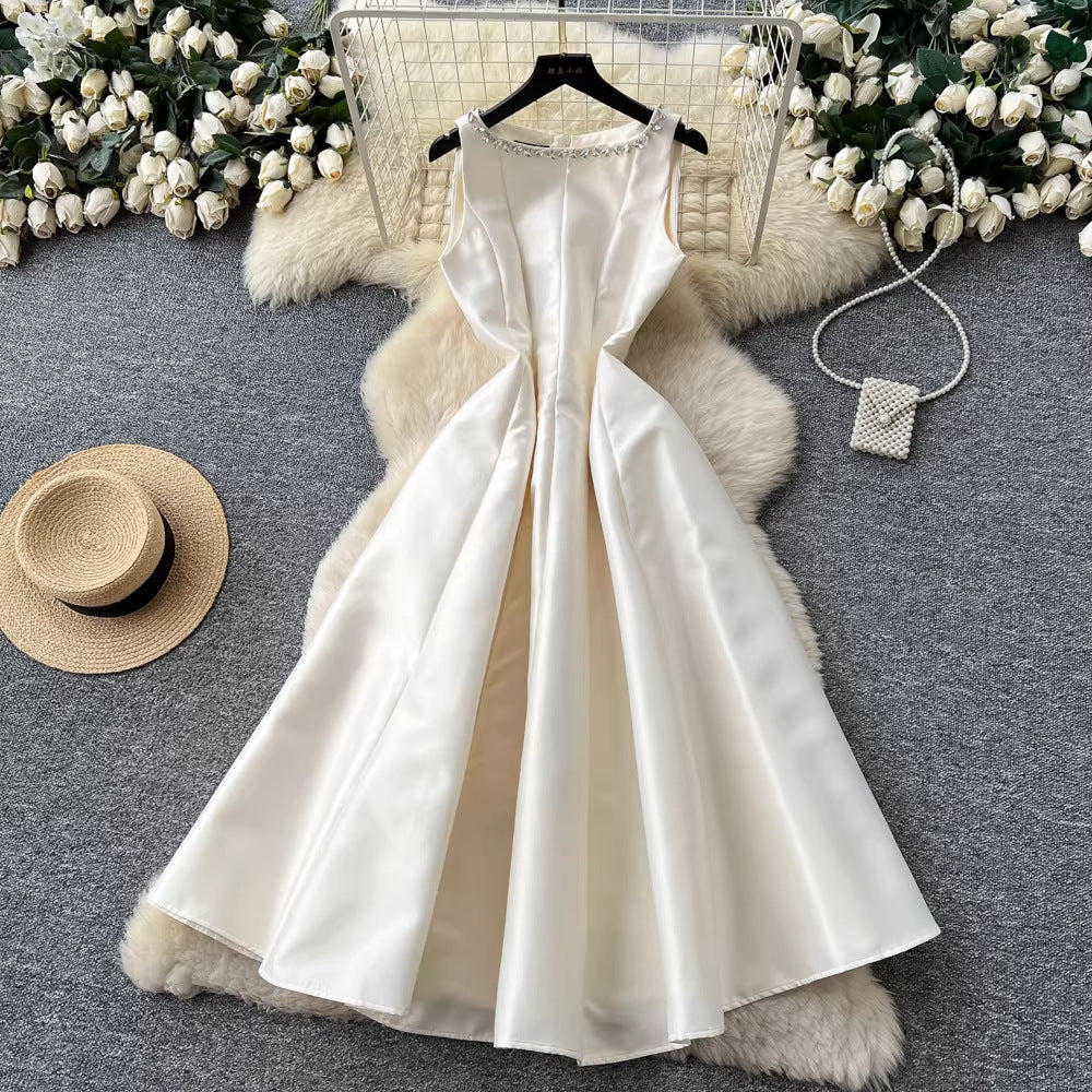 Elegant Sleeveless Diamond-Embellished Glossy A-Line Dress For Women
