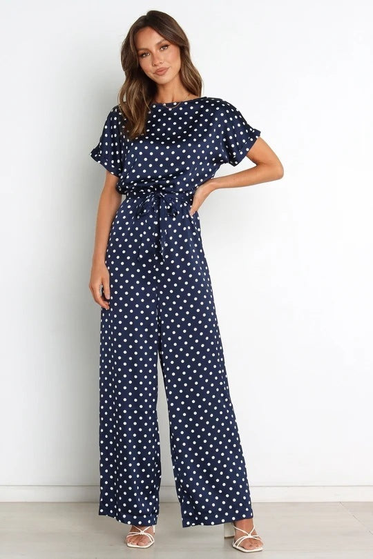 Combinaison moulante à lacets et col rond pour femme, manches courtes, imprimé pois
