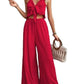 Elegant Solid-color Two-piece Set A V-neck Slip Top With Tie Details And Wide-leg Trousers