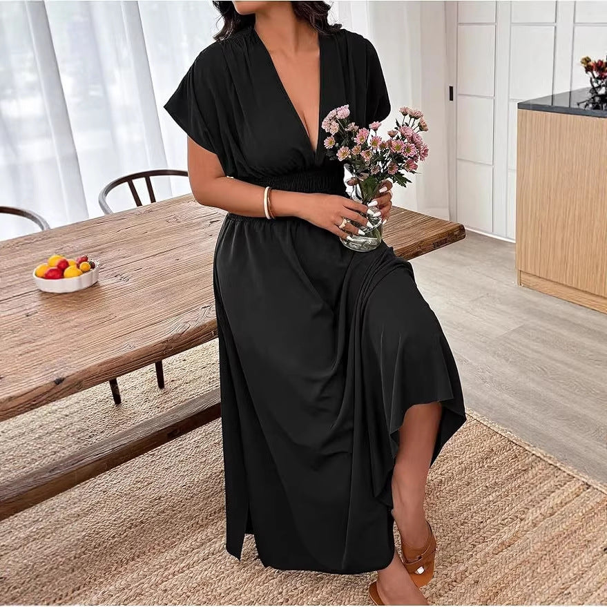V-neck Short-sleeve Loose-fitting High-waisted Pleated Maxi Dress With A Slit