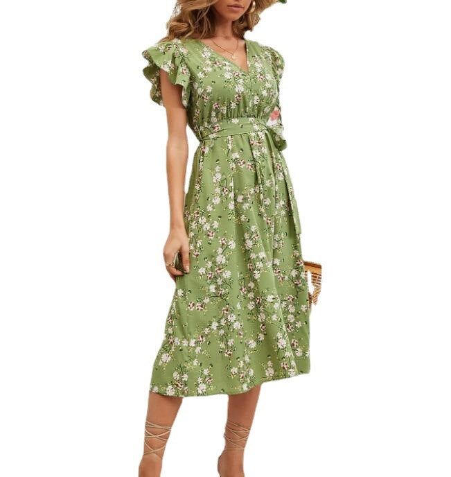 Robe d'été slim à manches en feuille de lotus et col en V