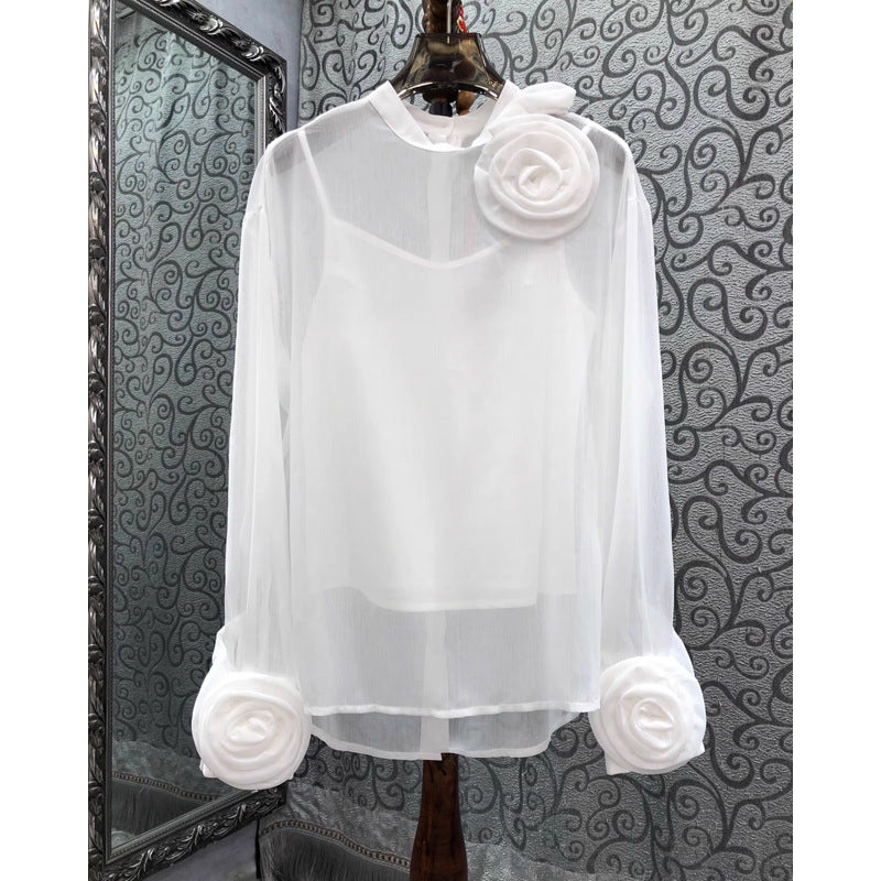 Three-dimensional Plate Flower Stand Collar Long Sleeve Slightly See-through Thin Two-piece Shirt
