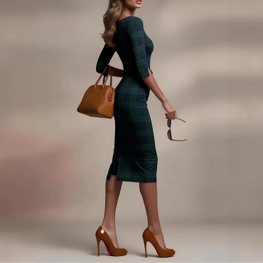 Classic Plaid Three-quarter-sleeve Boat-neck Bodycon Dress