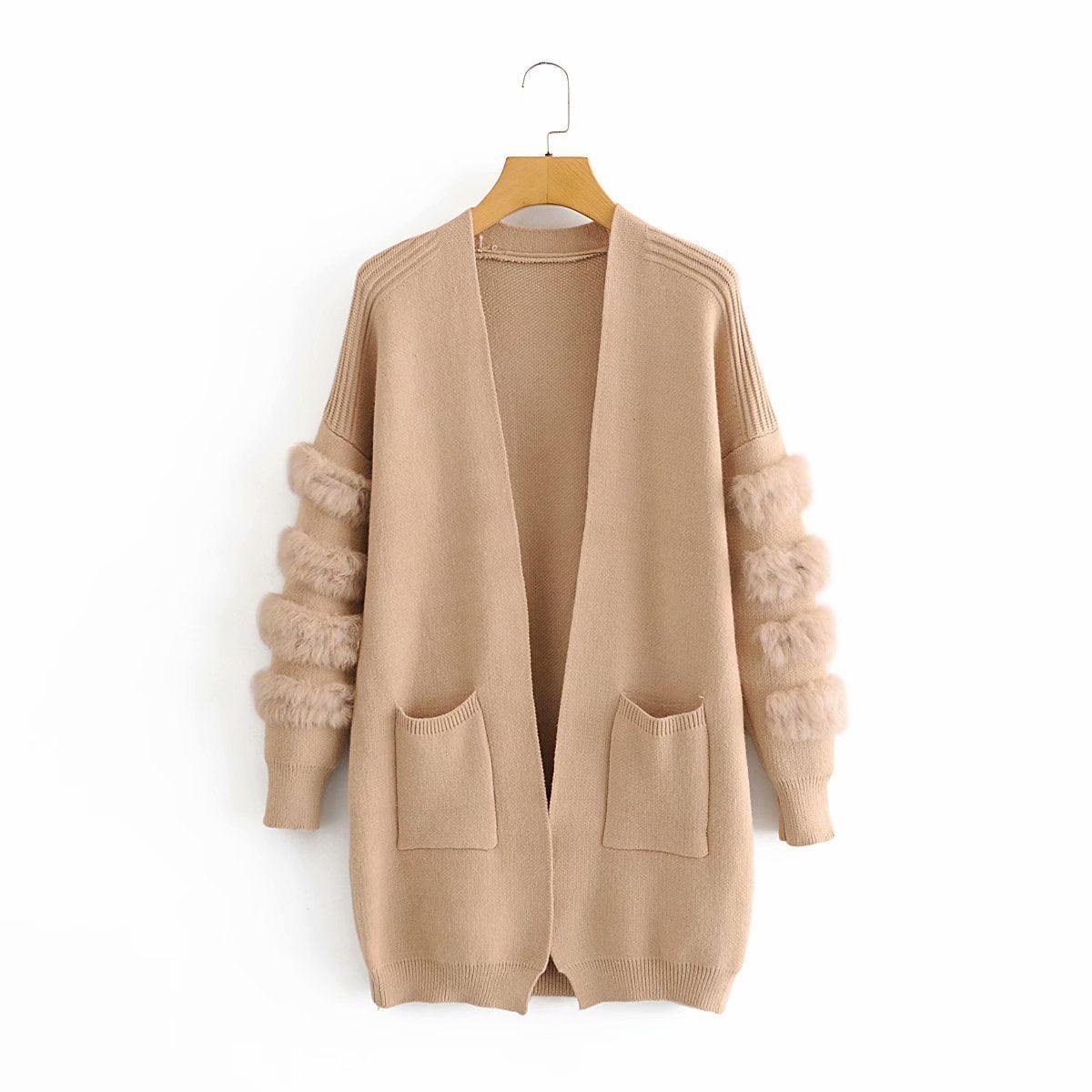 Cardigan long en tricot décoratif en peluche pour femme