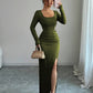 Women's Solid-Color Slimming Knitted Long-Sleeve Split Dress