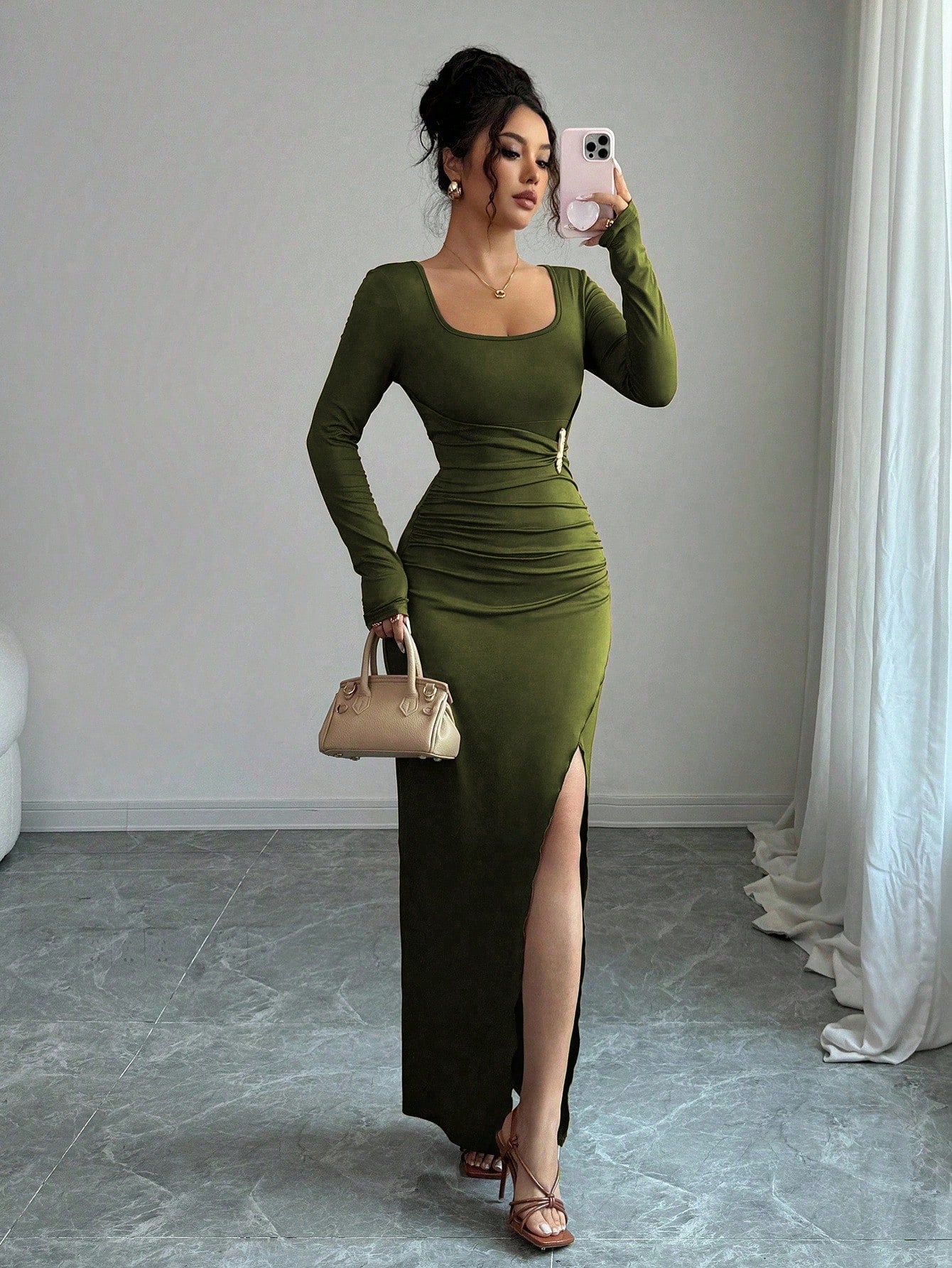 Women's Solid-Color Slimming Knitted Long-Sleeve Split Dress