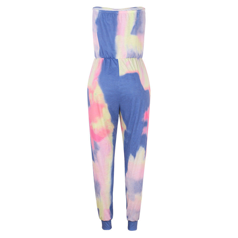 Women Tie Dye Print Wrap Bust Casual Jumpsuit