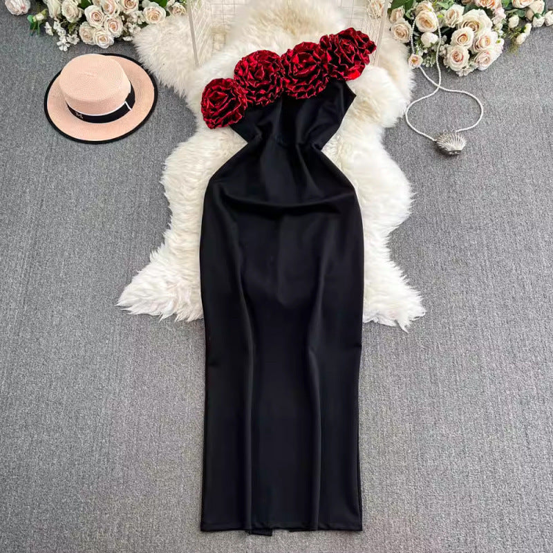 Robe tube sexy à épaules dénudées et motif floral tridimensionnel pour femme