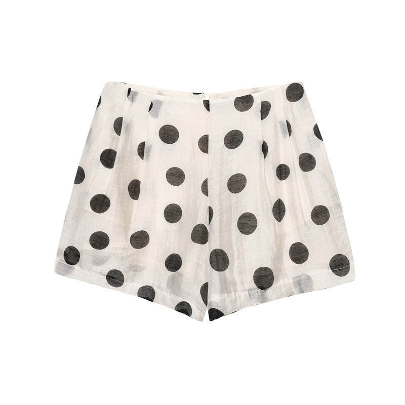 Polka Dot Hanging Collar Top Pleated Decorative Casual Shorts