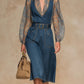 Womens Blue Denim Jumpsuit With High Waist Loose Fit And Large Pockets