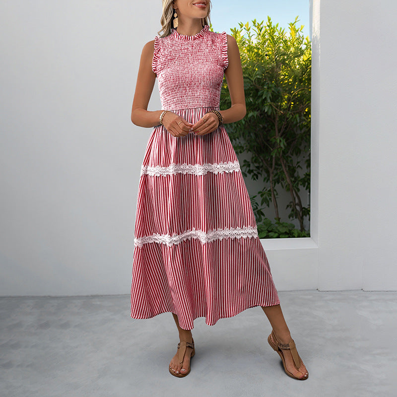 Casual Womens Lace Ruffle-neckline Sleeveless Striped Dress