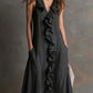 Solid-color Sleeveless Cotton-Linen V-Neck Maxi Dress With Ruffled Hem