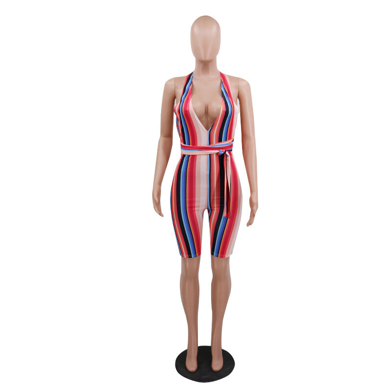 Colorful striped tie sports jumpsuit