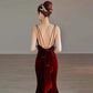 Robe de soirée sirène bordeaux à bretelles pour femme