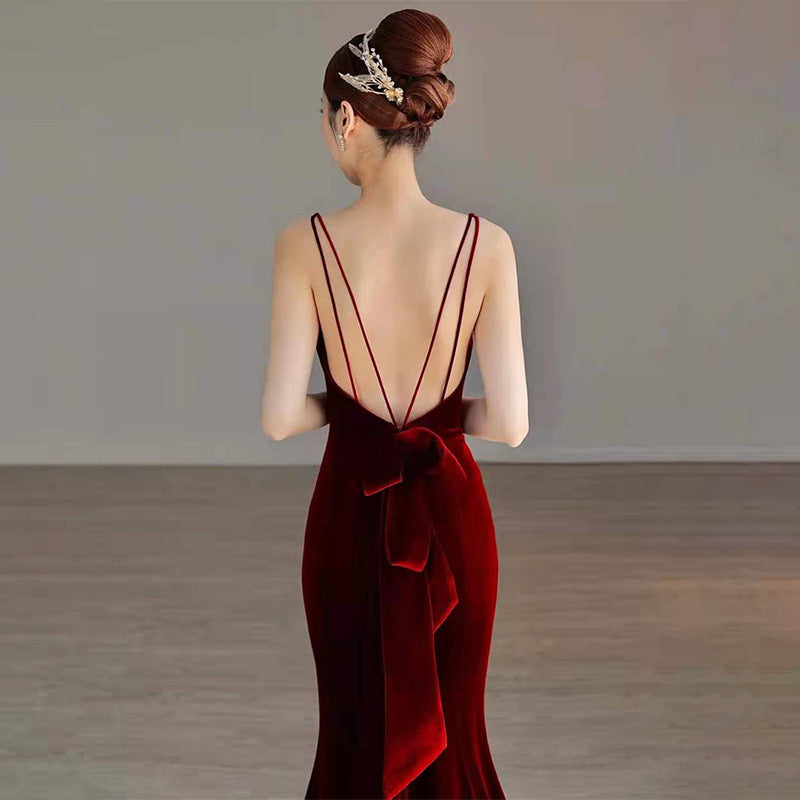 Robe de soirée sirène bordeaux à bretelles pour femme