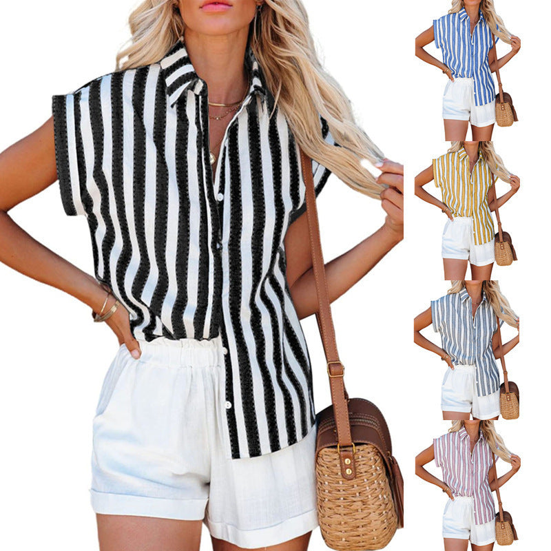 Short Sleeve Striped Women's Loose Single Breasted Shirt