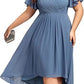 Banquet Evening Dress A- Line V-neck Chiffon Short Sleeve Knee-length Plus Size