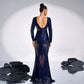 Long Sleeve Temperament Crew Neck Long Sequined Banquet Evening Dress