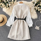 Women's Puff Sleeve Shirt Houndstooth Suspender Dress