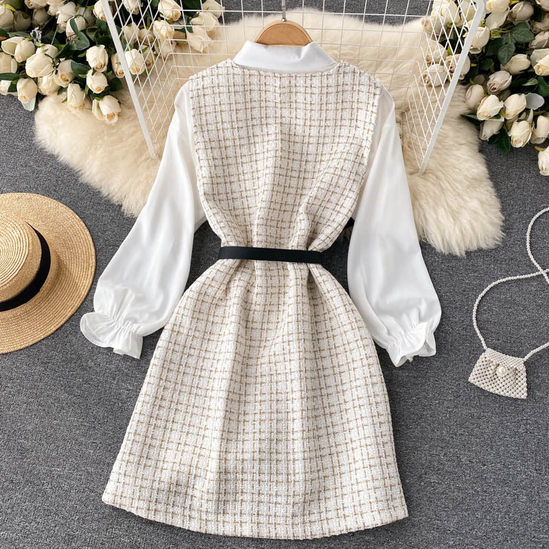 Women's Puff Sleeve Shirt Houndstooth Suspender Dress