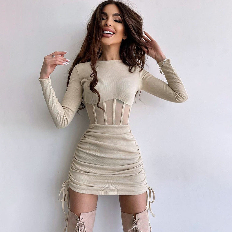 Robe d'automne à manches longues et taille ajustée pour femme