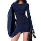 Womens Solid-Color One-Shoulder Flowy Strap Long-Sleeve Dress