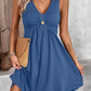 Womens Solid Color V-Neck Buttoned Short-Sleeve Dress