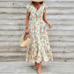 Elegant Printed Floral V-Neck Short-Sleeve Waist-Cinching Dress