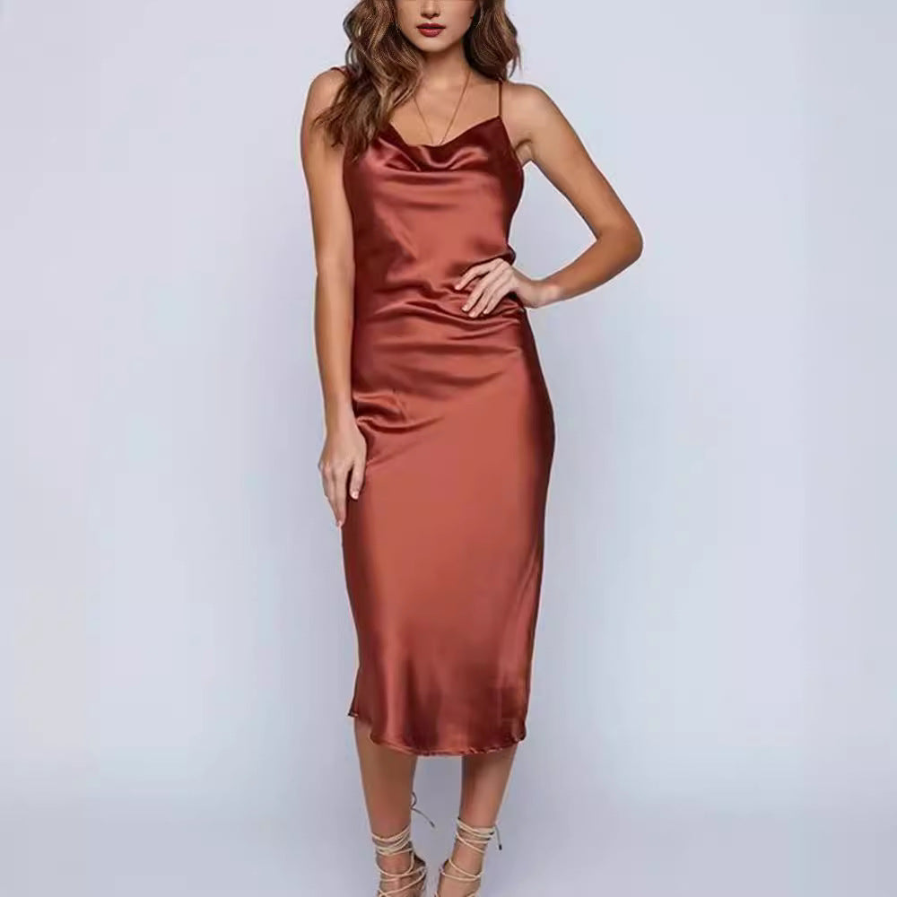 High-waisted Slimming Short-sleeved Design Mid-length Strappy Dress