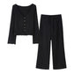 Texture Sense V-neck Long Sleeve Top Baggy Straight Trousers Suit