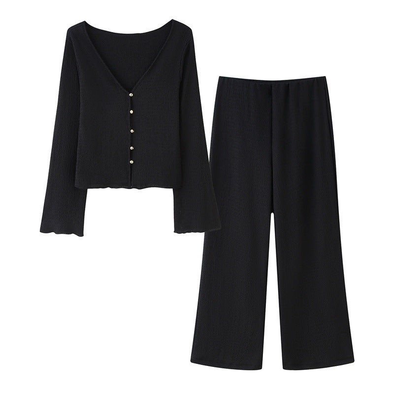 Texture Sense V-neck Long Sleeve Top Baggy Straight Trousers Suit