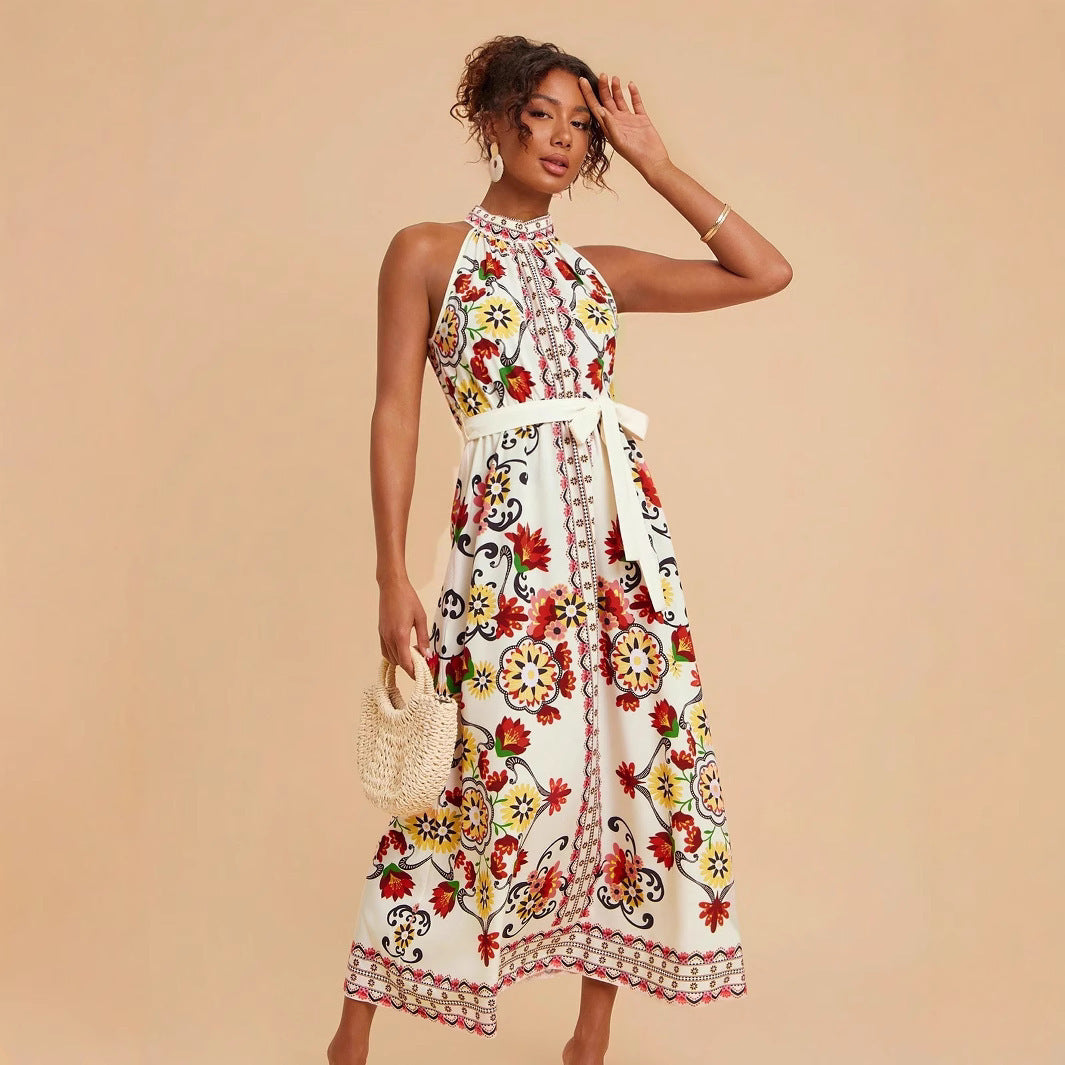 Women's Floral Print Lace-up Sleeveless Mid-length Dress