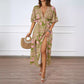 Sexy V-Neck Short-Sleeve Printed Waist-Cinching Dress