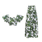 Printed Skirt Set, Square Neck Ruffle Sleeve Short Top  High Waist Drape And Large Hem Long Skirt