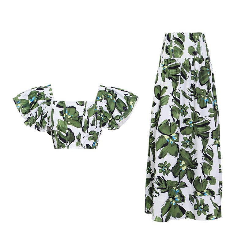 Printed Skirt Set, Square Neck Ruffle Sleeve Short Top  High Waist Drape And Large Hem Long Skirt
