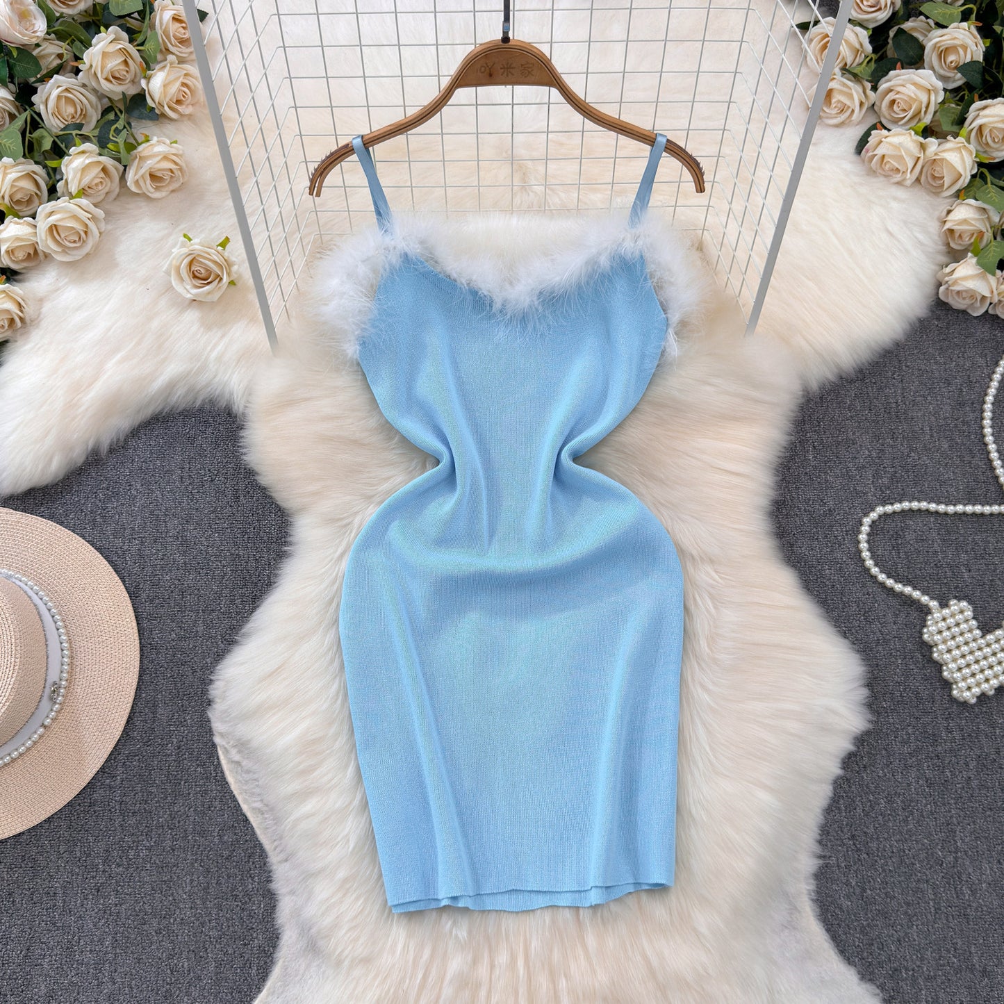 Furry Stitching Hip Base Sling Dress