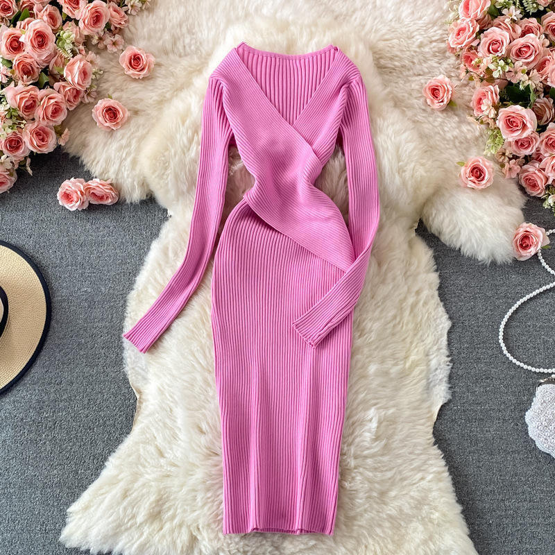 Retro Deep V-neck Knitted Dress